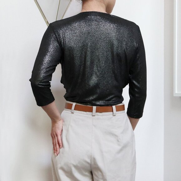Vintage Y2K Shimmery Black Gathered Front Top, 1/2 Sleeve Shirt, Fitted Glitter - Picture 3 of 6